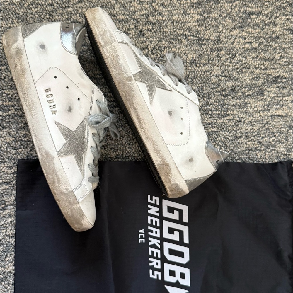 Golden Goose White and Silver Superstar Sneakers